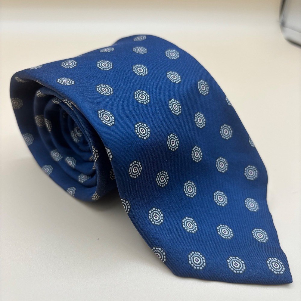 VTG Christian Dior Cravates Silk Necktie Navy Blue Medallion Marshall Field 0355